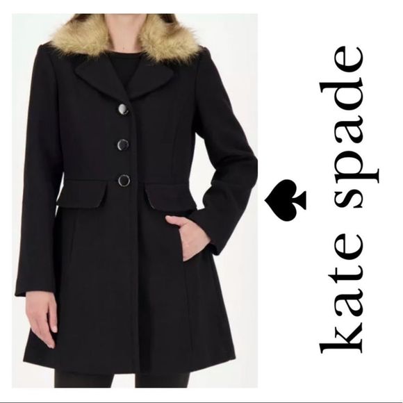 Kate Spade Faux Fur Trim Wool Blend Coat NEW